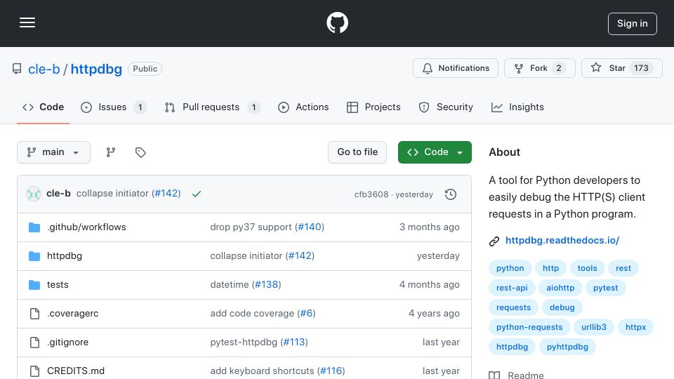 Screenshot of github.com: Show HN: Httpdbg – A tool to trace the HTTP requests sent by your Python code
