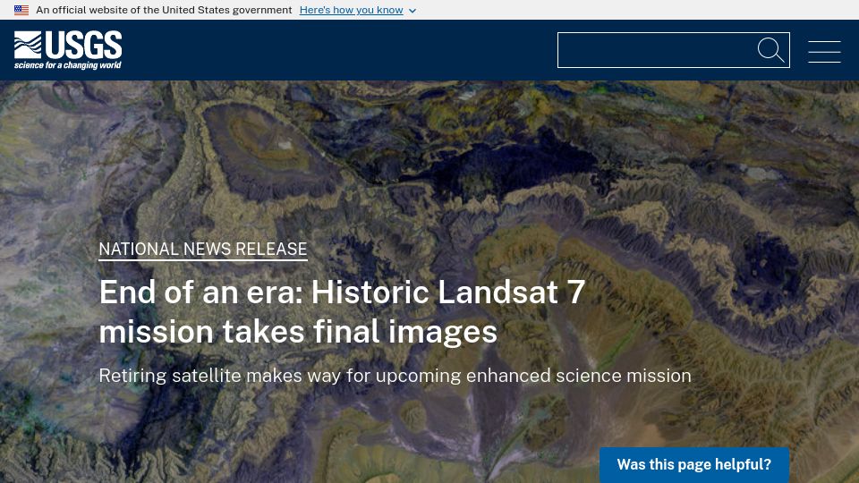 Screenshot of usgs.gov: End of an era: Landsat 7 mission takes final images