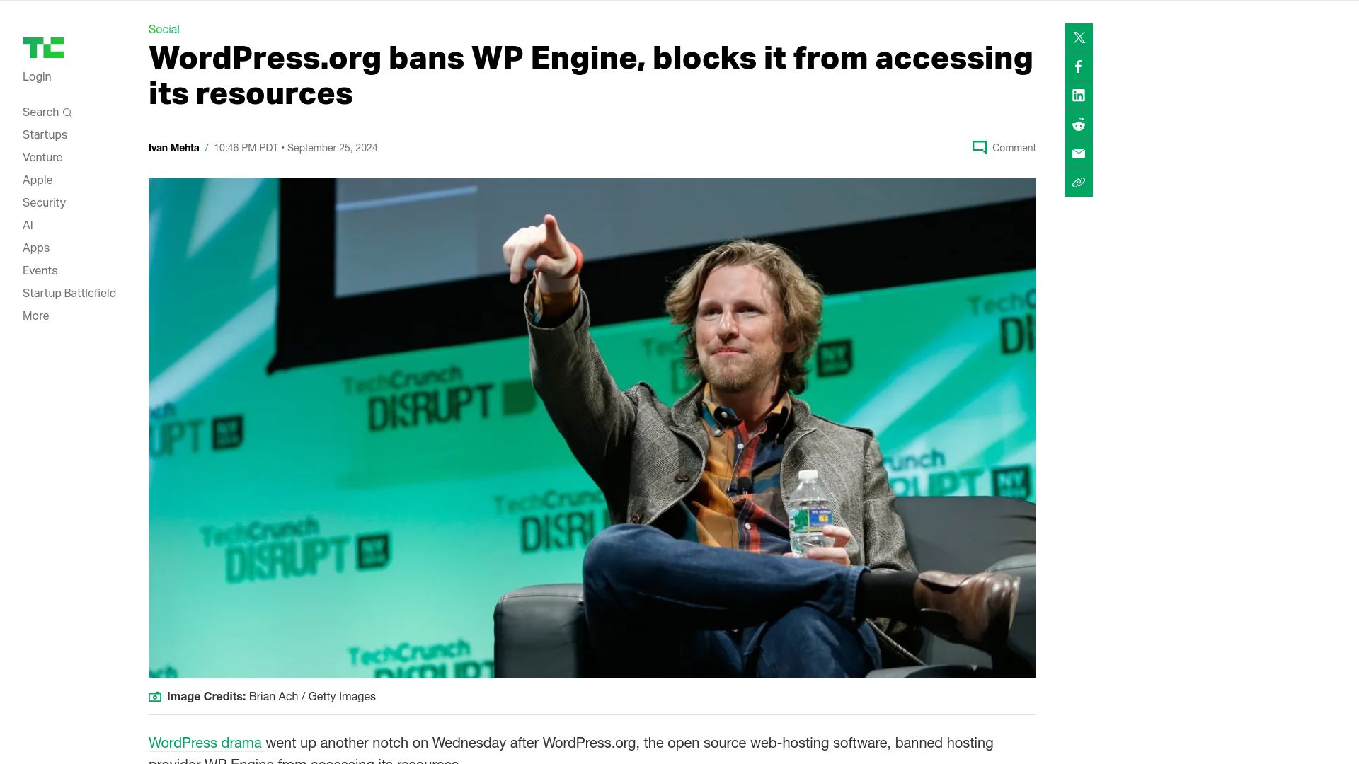 Screenshot of techcrunch.com: WordPress.org bans WP Engine