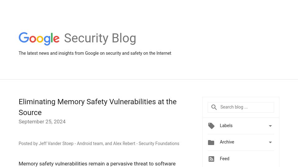 Screenshot of security.googleblog.com: Eliminating Memory Safety Vulnerabilities at the Source