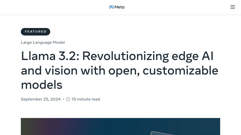 Screenshot of ai.meta.com: Llama 3.2: Revolutionizing edge AI and vision with open, customizable models