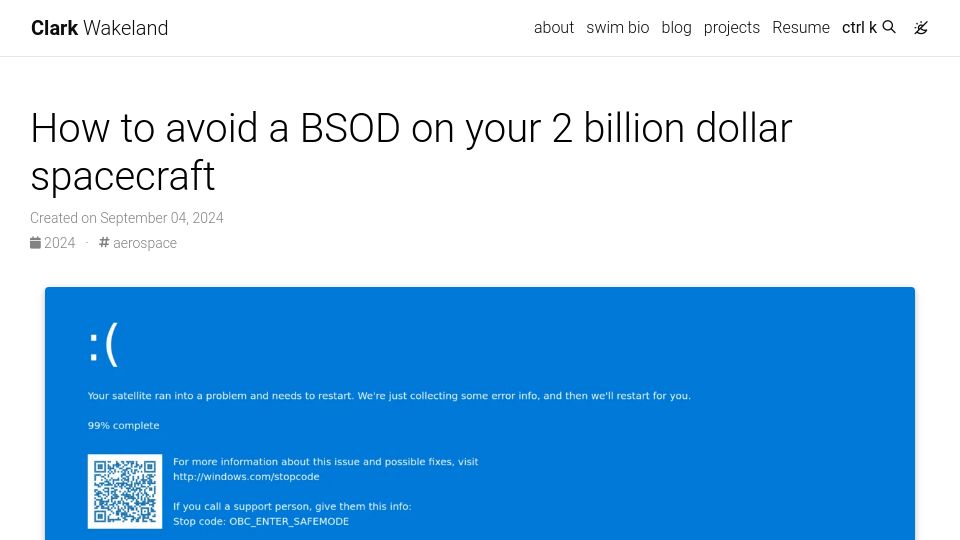 Screenshot of clarkwakeland.com: How to avoid a BSOD on your 2B dollar spacecraft