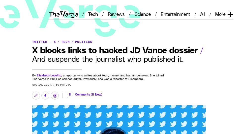 Screenshot of theverge.com: X (Twitter) blocks links to hacked JD Vance dossier