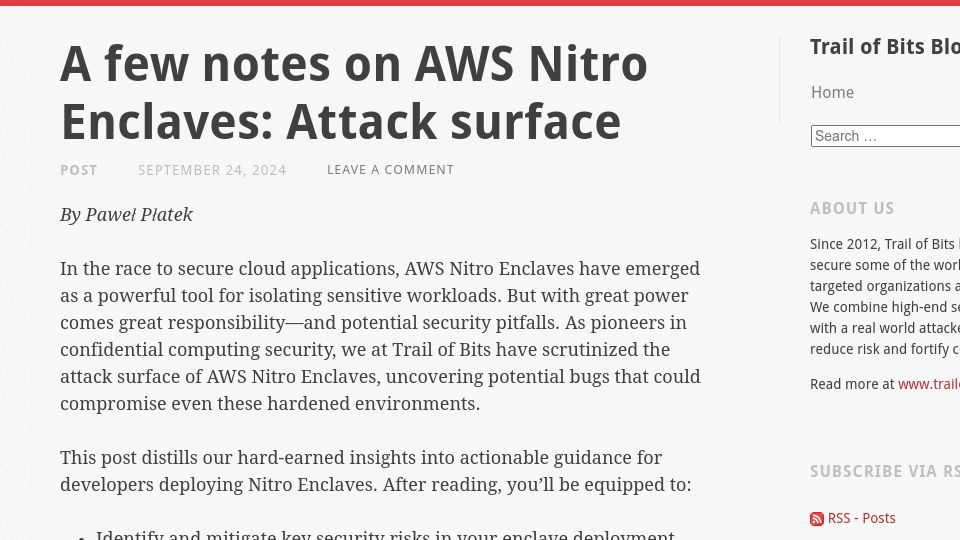 Screenshot of blog.trailofbits.com: AWS Nitro Enclaves: Attack Surface
