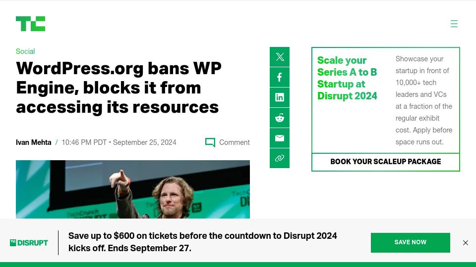 Screenshot of techcrunch.com: WordPress.org bans WP Engine