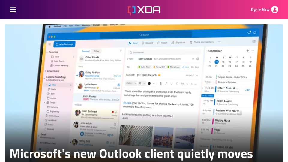 Screenshot of xda-developers.com: Microsoft's new Outlook client moves your email to the cloud