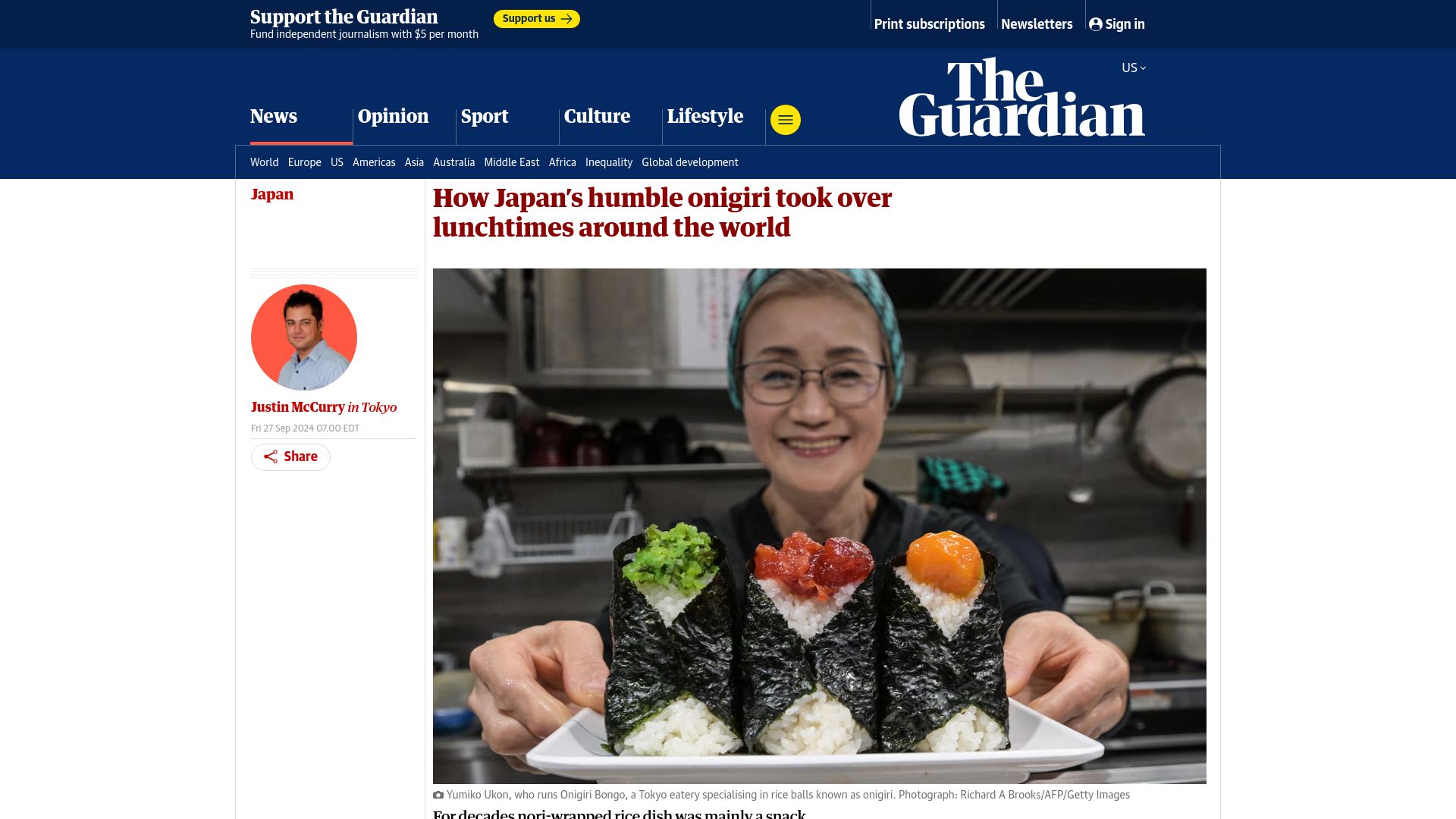 Screenshot of theguardian.com: Japan's humble onigiri took over lunchtimes around the world