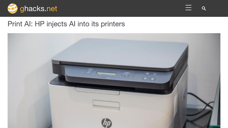 Screenshot of ghacks.net: HP injects AI into its printers