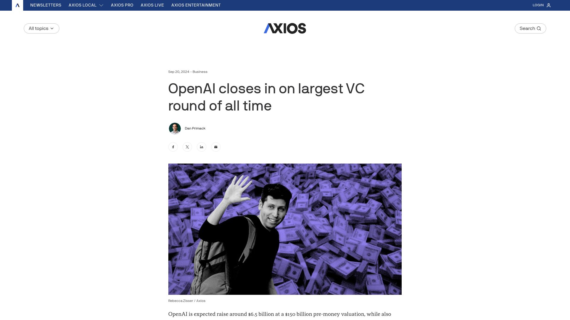 Screenshot of axios.com: OpenAI is closing in on raising $6.5B. Largest VC raise in history