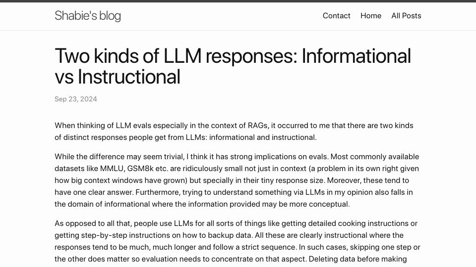 Screenshot of shabie.github.io: Two kinds of LLM responses: Informational vs. Instructional