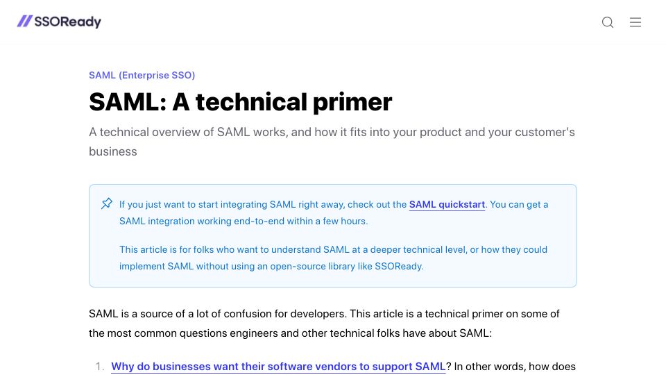 Screenshot of ssoready.com: SAML: A Technical Primer