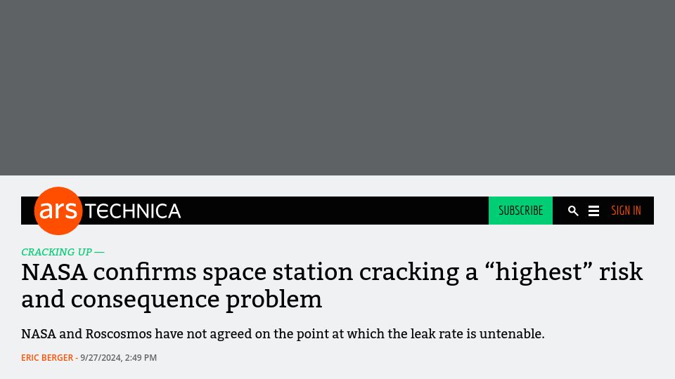 Screenshot of arstechnica.com: NASA confirms space station cracking a "highest" risk and consequence problem
