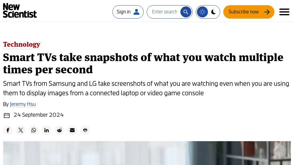 Screenshot of newscientist.com: Smart TVs take snapshots of what you watch multiple times per second
