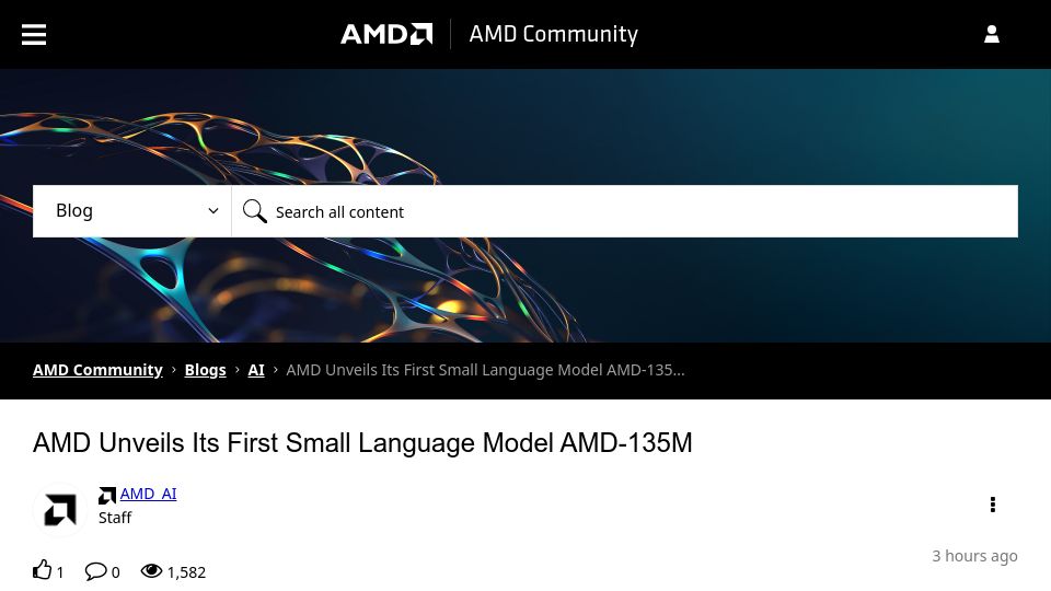 Screenshot of community.amd.com: AMD Unveils Its First Small Language Model AMD-135M