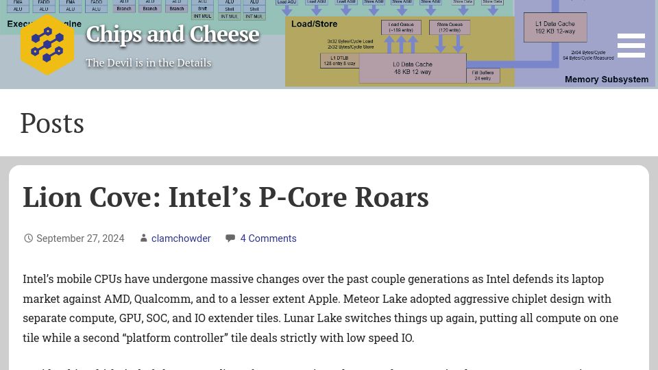 Screenshot of chipsandcheese.com: Lion Cove: Intel's P-Core Roars