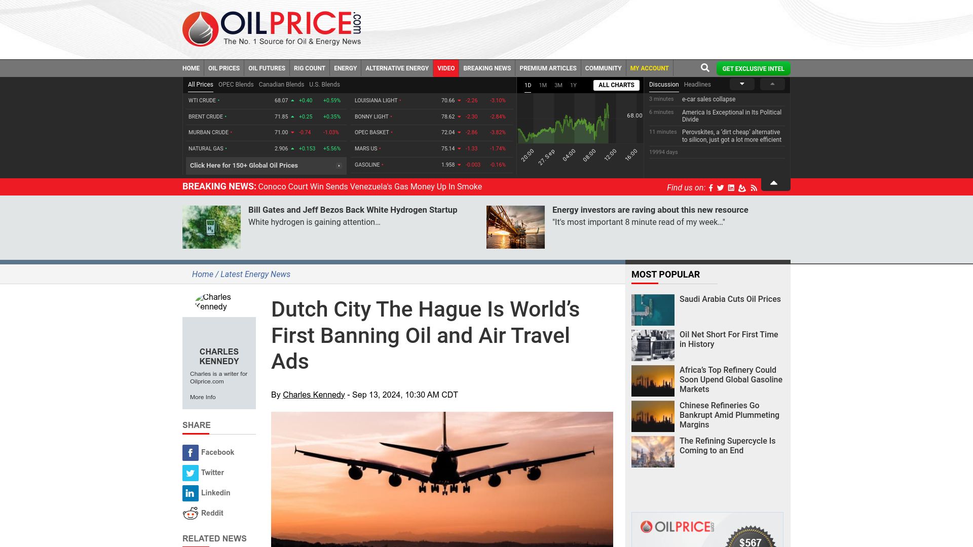 Screenshot of oilprice.com: Dutch City the Hague Is First Banning Oil and Air Travel Ads