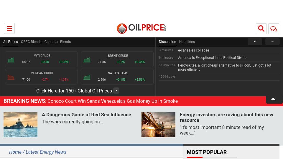 Screenshot of oilprice.com: Dutch City the Hague Is First Banning Oil and Air Travel Ads