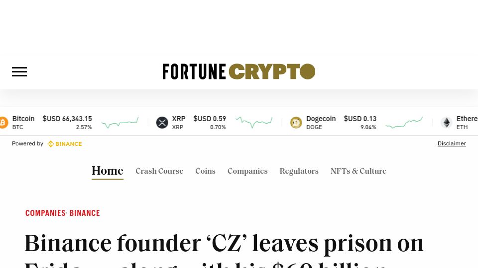 Screenshot of fortune.com: Binance founder 'CZ' leaves prison on Friday