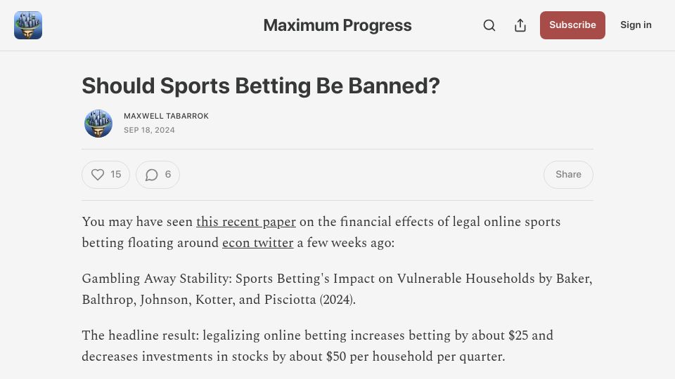 Screenshot of maximum-progress.com: Should Sports Betting Be Banned?