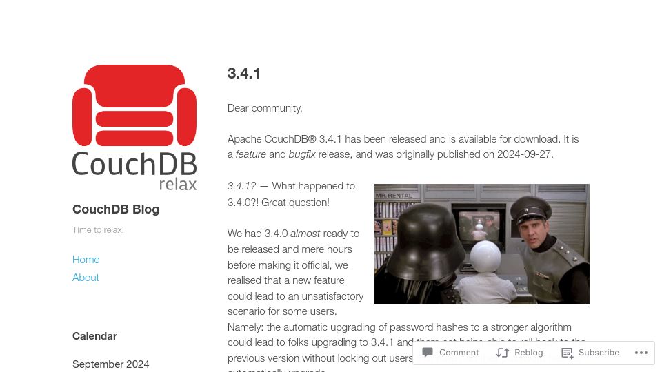 Screenshot of blog.couchdb.org: CouchDB 3.4.1 Released