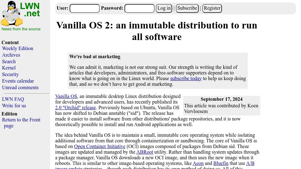Screenshot of lwn.net: Vanilla OS 2: an immutable distribution to run all software