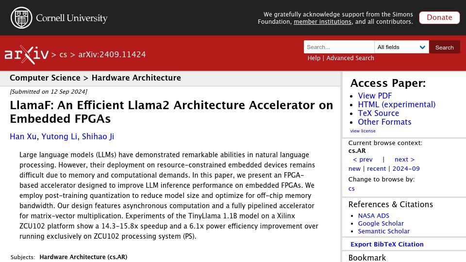 Screenshot of arxiv.org: LlamaF: An Efficient Llama2 Architecture Accelerator on Embedded FPGAs