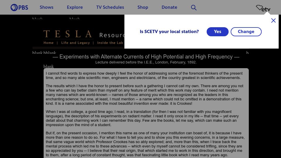 Screenshot of pbs.org: Experiments with Alternate Currents of High Potential and High Frequency (1892)
