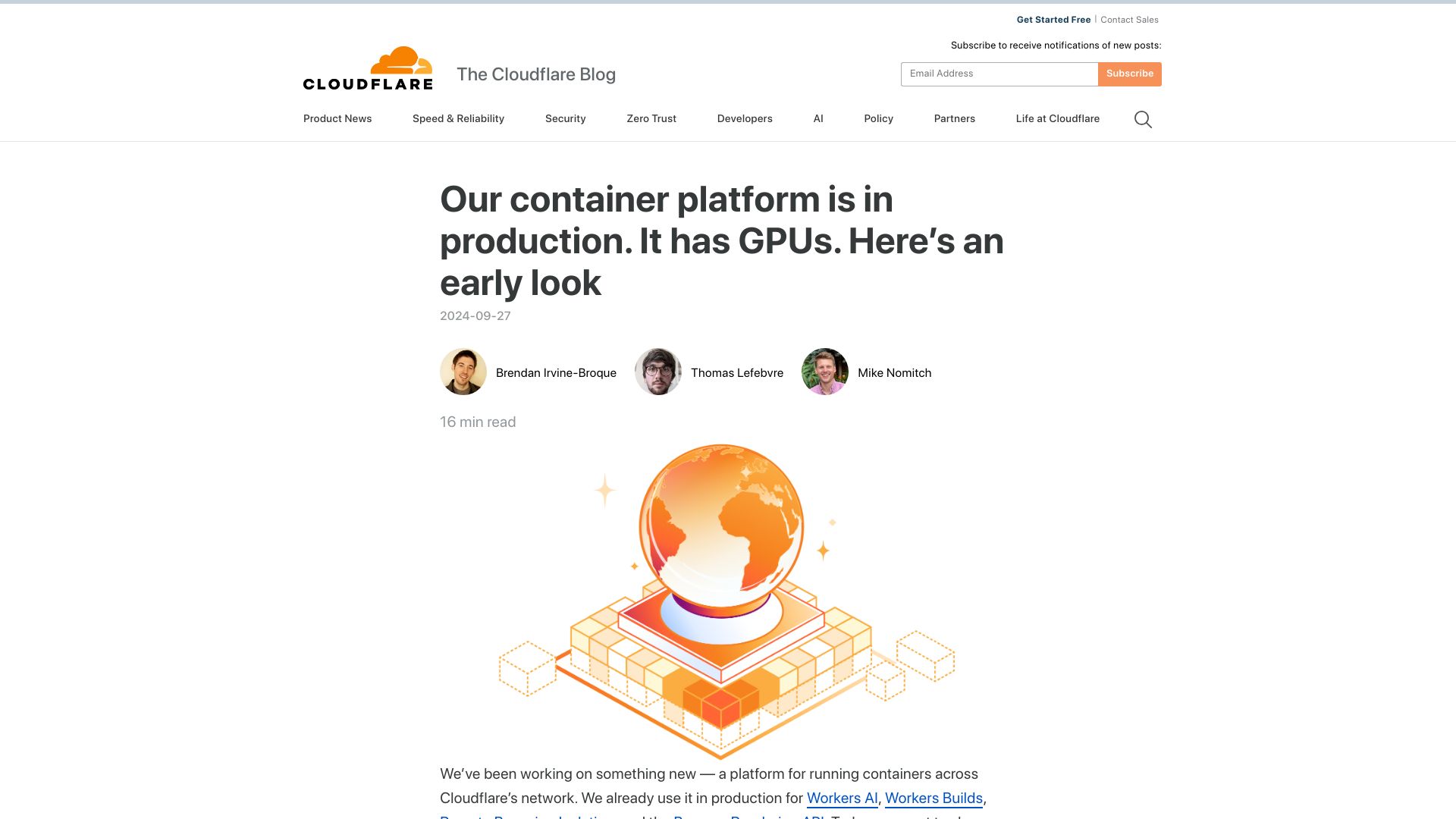 Screenshot of blog.cloudflare.com: Our container platform is in production. It has GPUs. Here's an early look