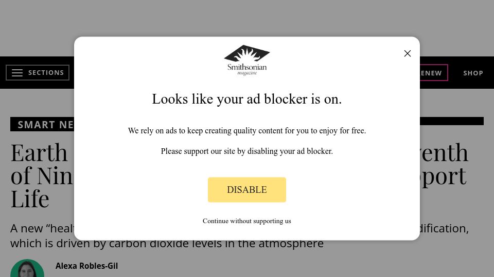 Screenshot of smithsonianmag.com: Earth Is on the Brink of Breaching a 7th of Nine 'Planetary Boundaries'