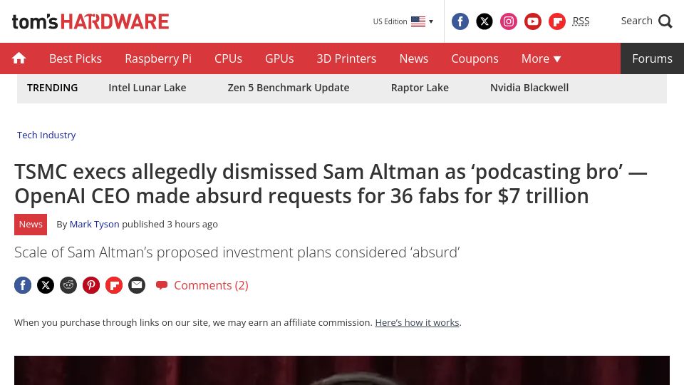 Screenshot of tomshardware.com: TSMC execs allegedly dismissed OpenAI CEO Sam Altman as 'podcasting bro'