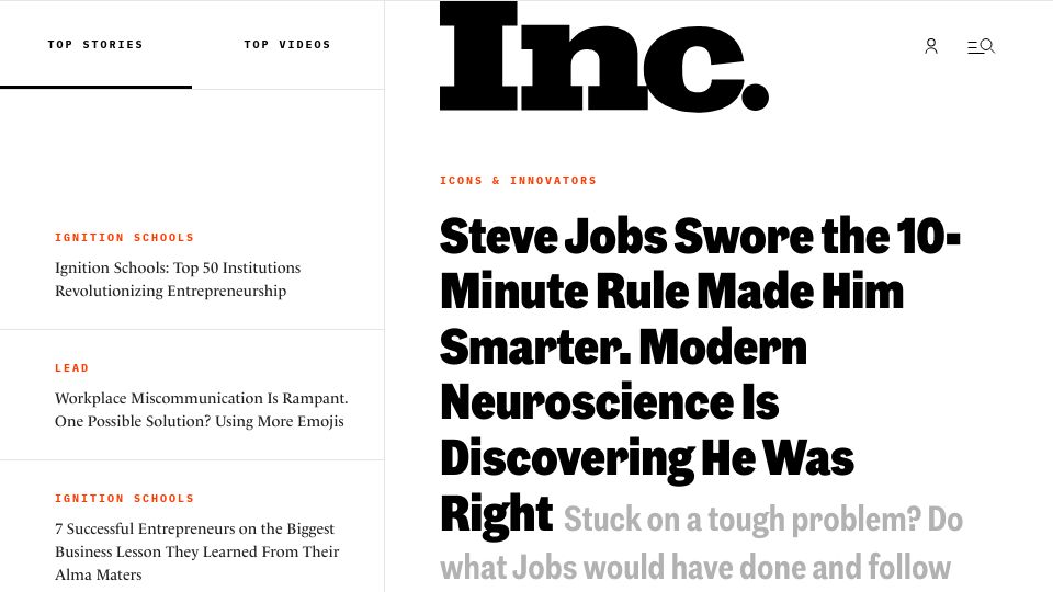 Screenshot of inc.com: Steve Jobs Swore the 10-Minute Rule Made Him Smarter. He Was Right