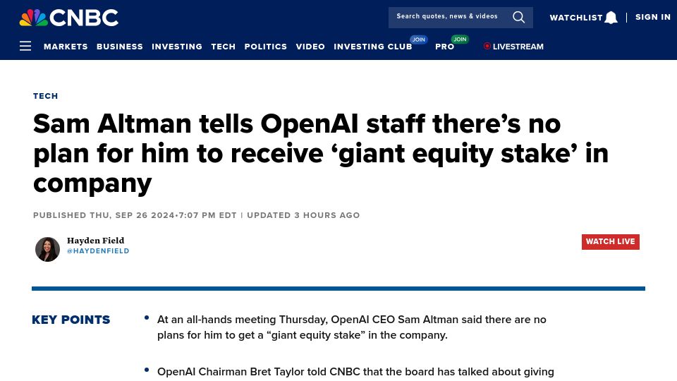 Screenshot of cnbc.com: Sam Altman tells staff there’s no plan for him to receive ‘giant equity stake’