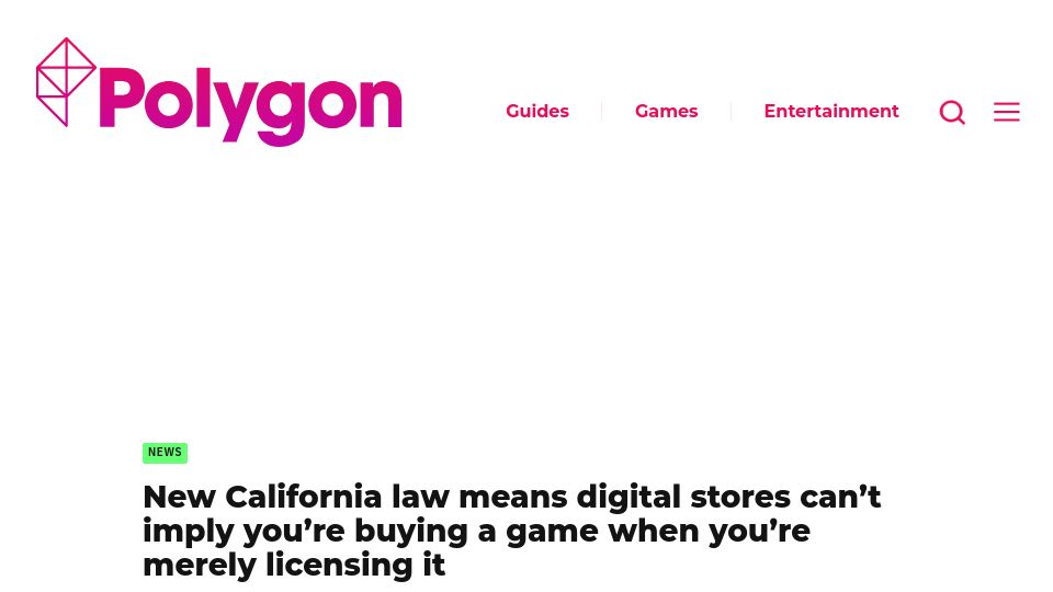 Screenshot of polygon.com: CA law means stores can't say you're buying a game if you're merely licensing it