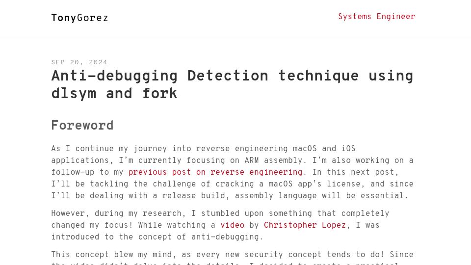 Screenshot of tonygo.netlify.app: Implementing and Detecting Anti-Debugging with Fork()