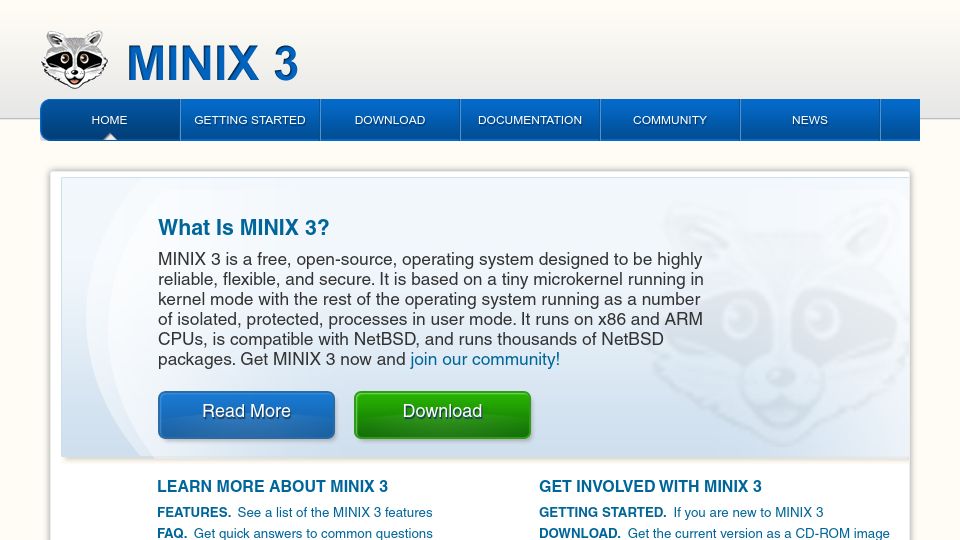 Screenshot of minix3.org: Minix 3 (2014)