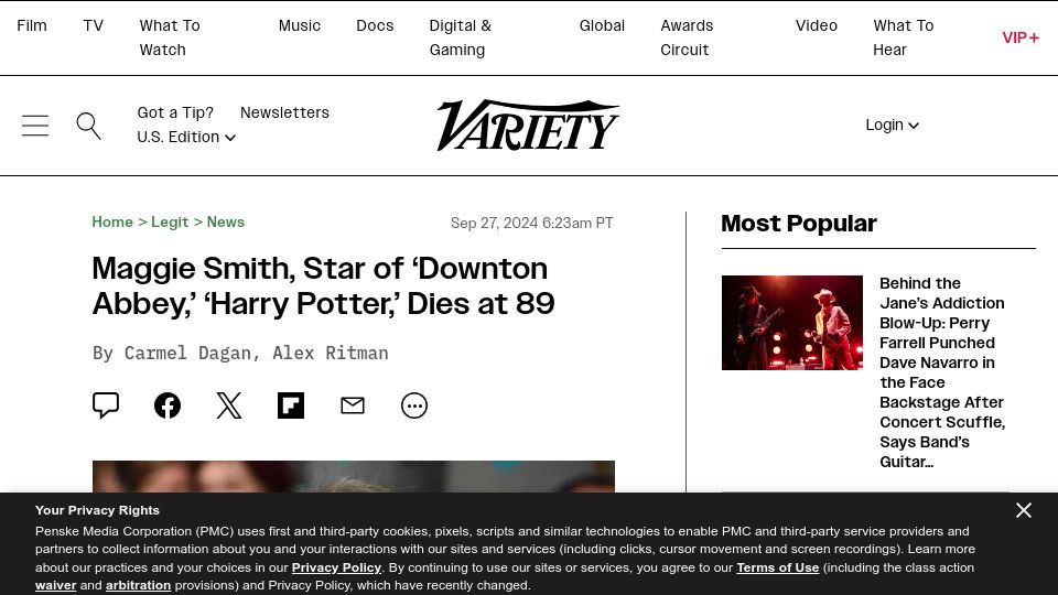 Screenshot of variety.com: Maggie Smith has died