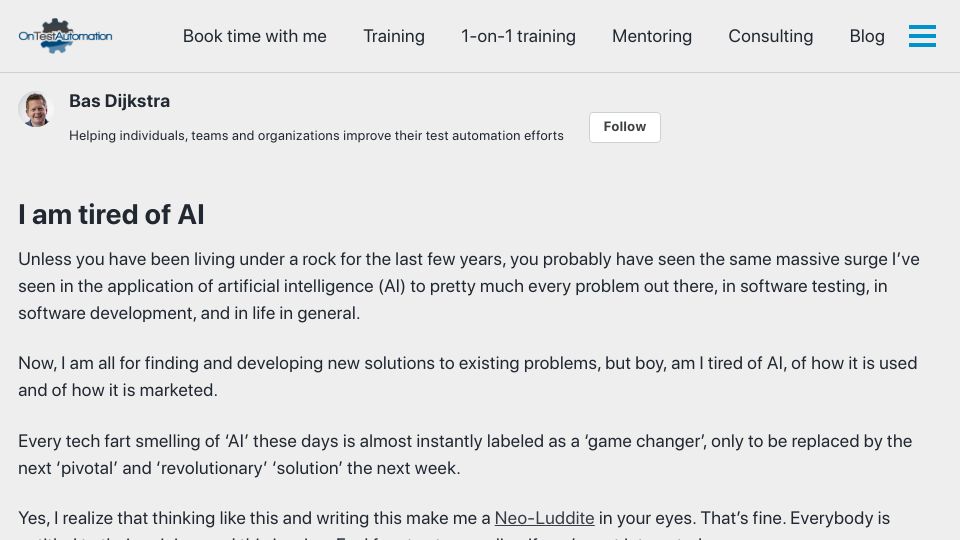 Screenshot of ontestautomation.com: I Am Tired of AI