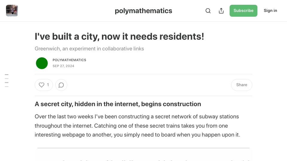 Screenshot of readpolymathematics.substack.com: Greenwich: an experiment in collaborative links