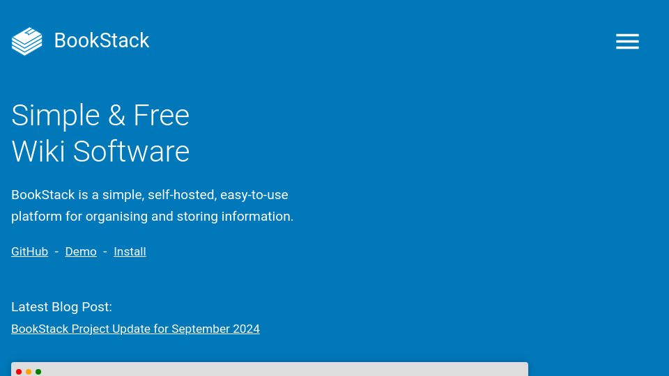 Screenshot of bookstackapp.com: BookStack: Simple and Free Wiki Software