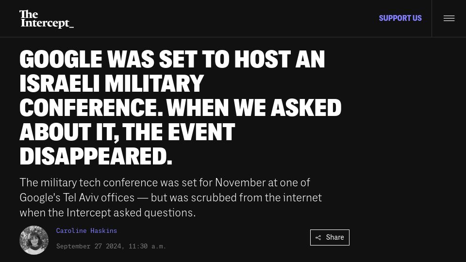 Screenshot of theintercept.com: Google Listed as Sponsor, Host of Israeli Military Tech Conference