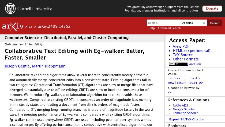 Screenshot of arxiv.org: Collaborative text editing with Eg-Walker: Better, faster, smaller