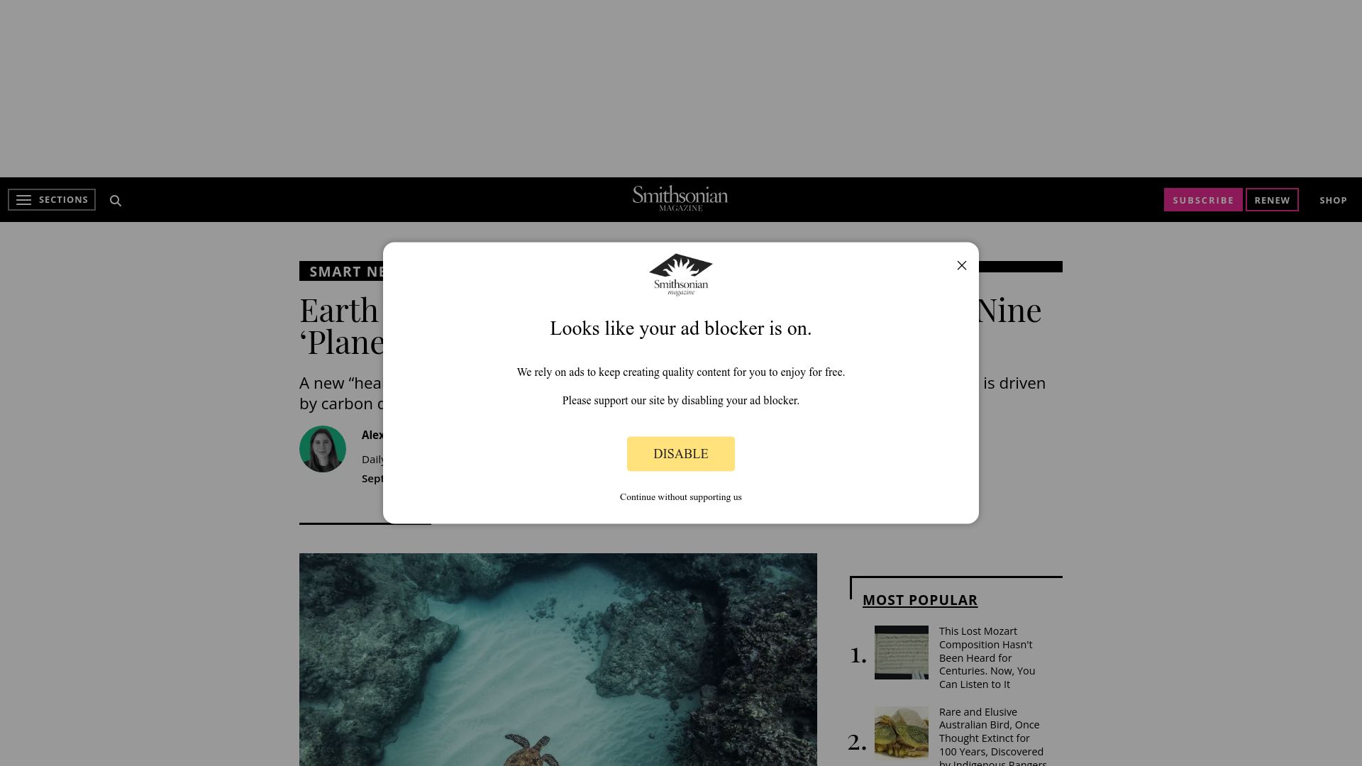 Screenshot of smithsonianmag.com: Earth Is on the Brink of Breaching a 7th of Nine 'Planetary Boundaries'