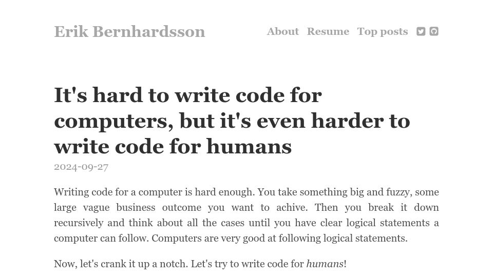Screenshot of erikbern.com: It's hard to write code for computers, but it's harder to write code for humans