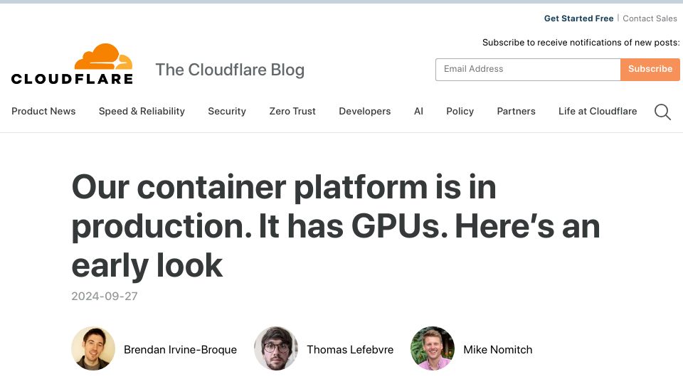 Screenshot of blog.cloudflare.com: Our container platform is in production. It has GPUs. Here's an early look