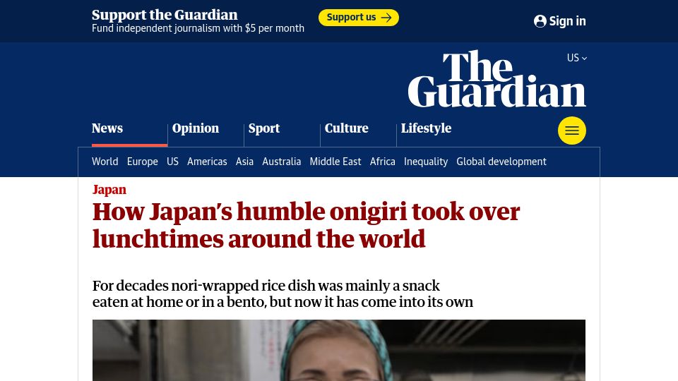 Screenshot of theguardian.com: Japan's humble onigiri took over lunchtimes around the world