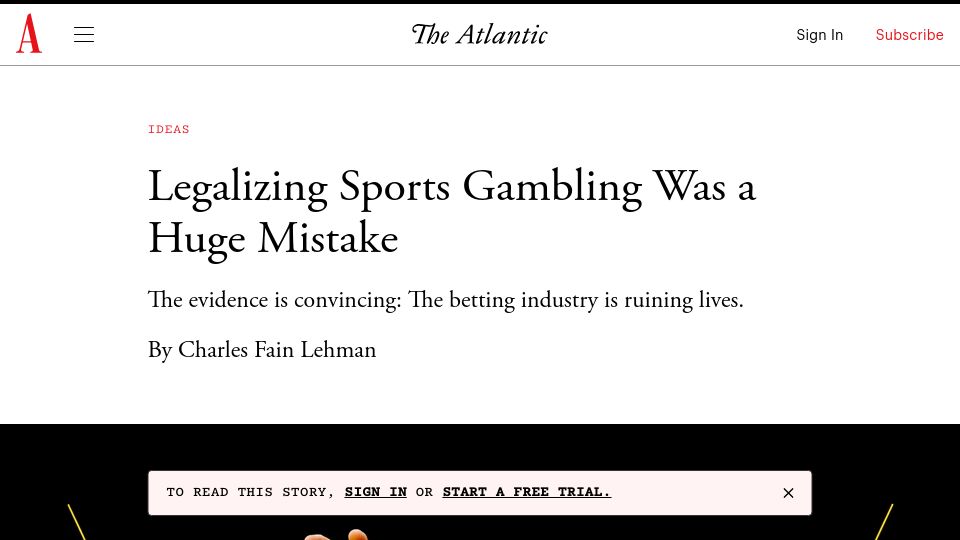 Screenshot of theatlantic.com: Legalizing sports gambling was a mistake