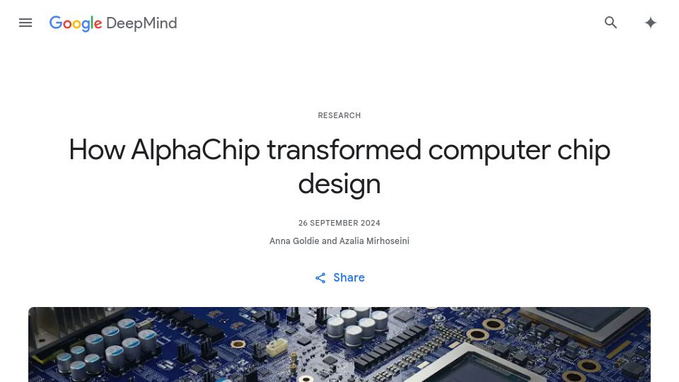Screenshot of deepmind.google: How AlphaChip transformed computer chip design