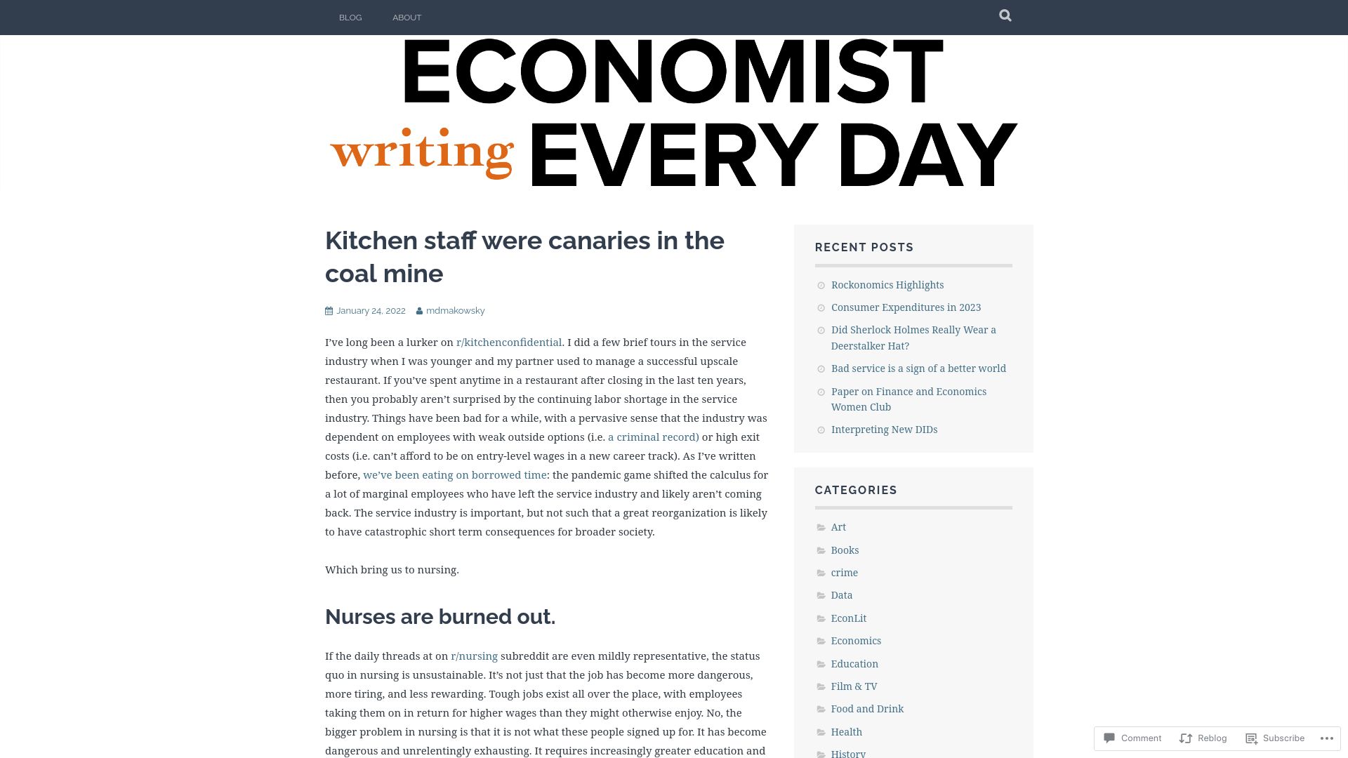 Screenshot of economistwritingeveryday.com: Kitchen staff were canaries in the coal mine (2022)