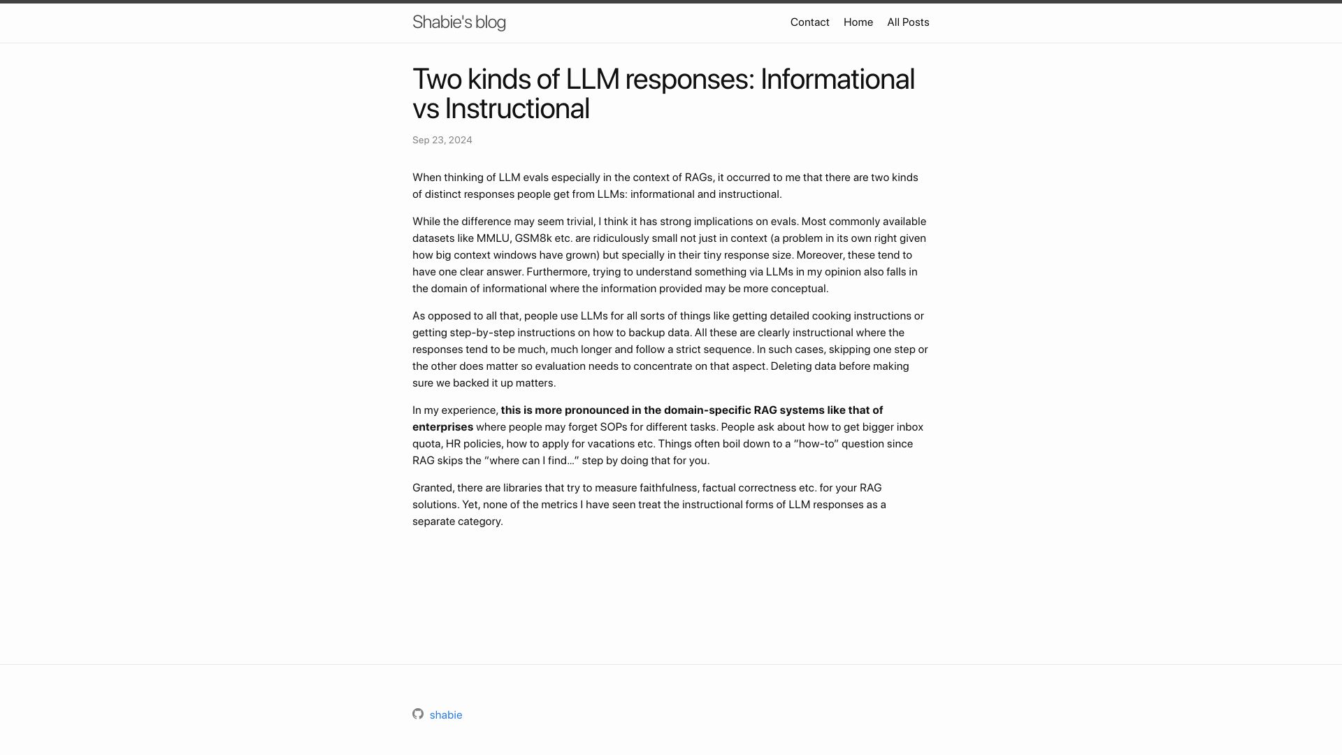 Screenshot of shabie.github.io: Two kinds of LLM responses: Informational vs. Instructional