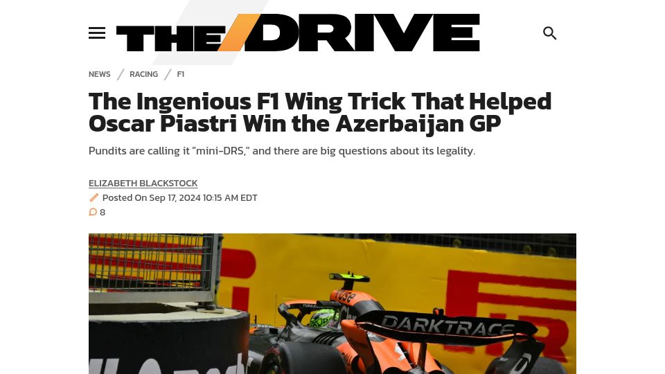 Screenshot of thedrive.com: F1 Wing Trick That Helped Oscar Piastri Win the Azerbaijan GP